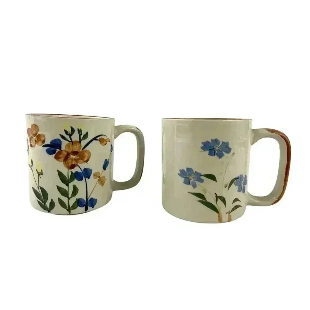 VTG Set Floral Stoneware Coffee Mug Flowers Watercolor Style Cup Chi Kiang China